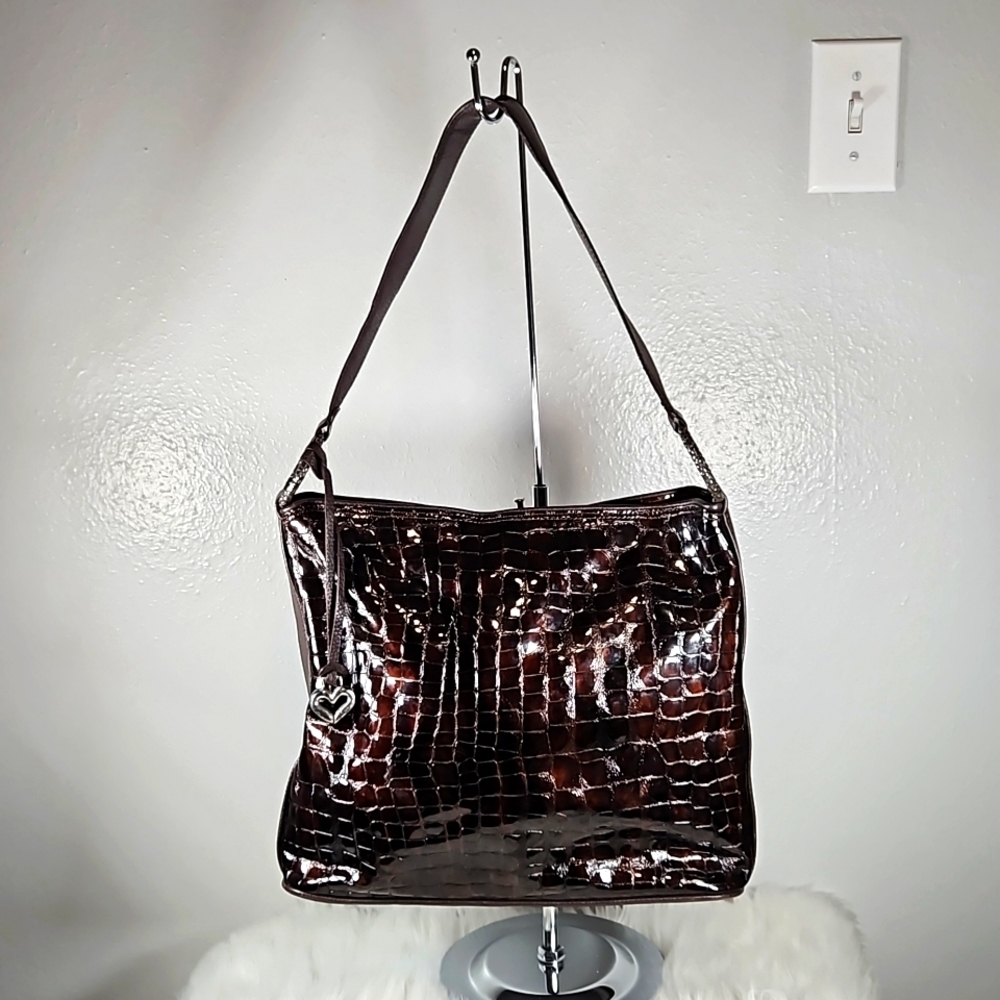 Brighton Patent Croc-Embossed Shoulder Bag in Dark Brown